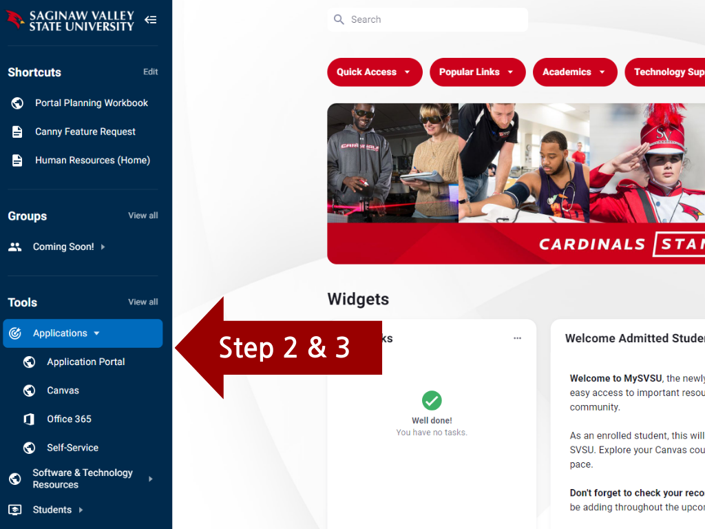 Red arrow pointing at mySVSU navigation bar, guiding to click on the Application Menu and the Application Portal Link